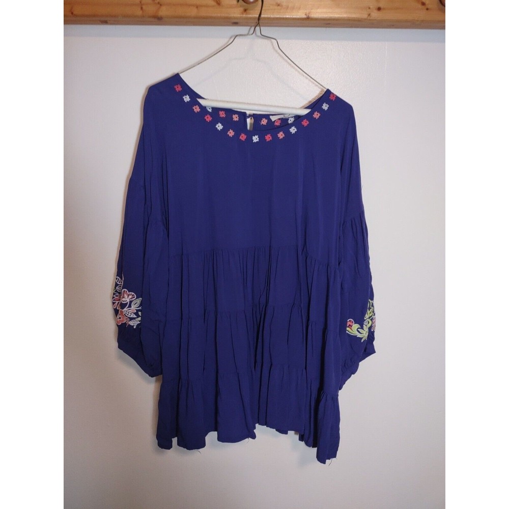 LAffaire Women's L Blue Shirt Embroidered Button Back